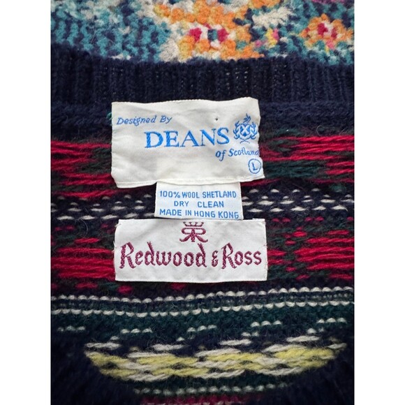Vtg Redwood & Ross 100% Wool Shetland Heart Fair Isle Cardigan Sweater Sz L - Picture 5 of 7